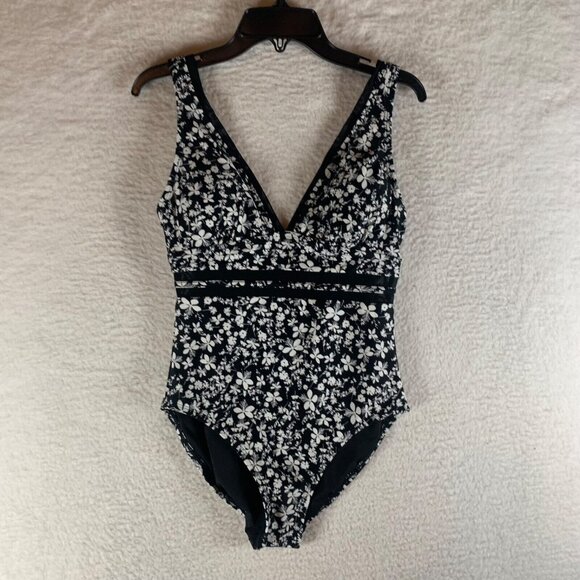 Tommy Hilfiger Women's Black Floral Print V-Neck One Piece Swimsuit Size 4 NWT‎ - Picture 1 of 9